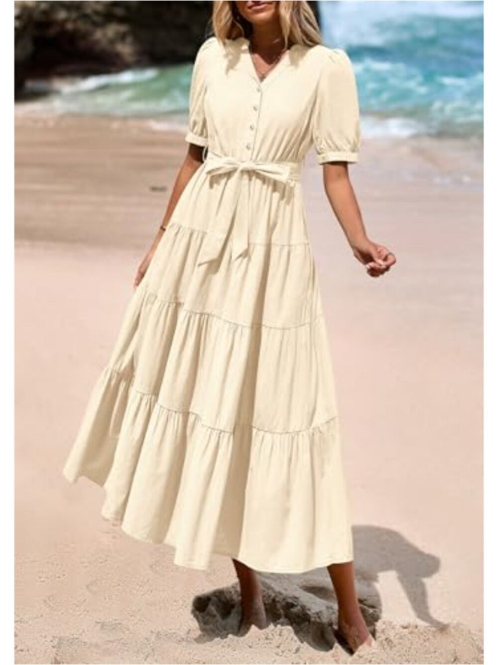 Flowy A-Line Midi Dress with Belt, Short Sleeve V-Neck Ruffle Beach Vacation - Picture 6 of 6